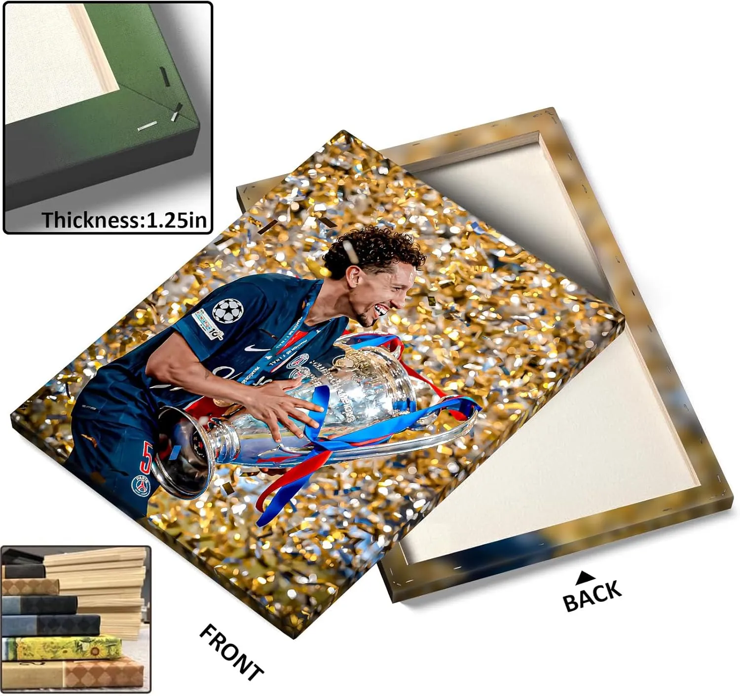 B.B.F MAKE 2025 UEFA Champions League Canvas Wall Art, Marquinhos Clutches Trophy in Gold Confetti Storm Poster Paris Saint-Germain Victory Print Soccer Sports Bar Home Wall Decor, Framed 8x10inch