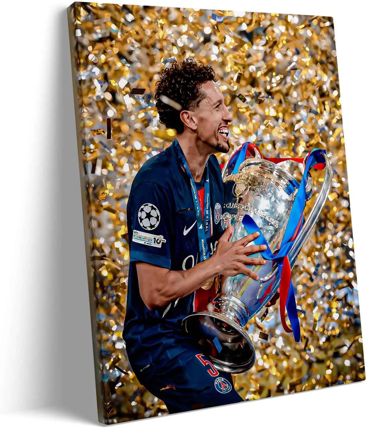 B.B.F MAKE 2025 UEFA Champions League Canvas Wall Art, Marquinhos Clutches Trophy in Gold Confetti Storm Poster Paris Saint-Germain Victory Print Soccer Sports Bar Home Wall Decor, Framed 8x10inch