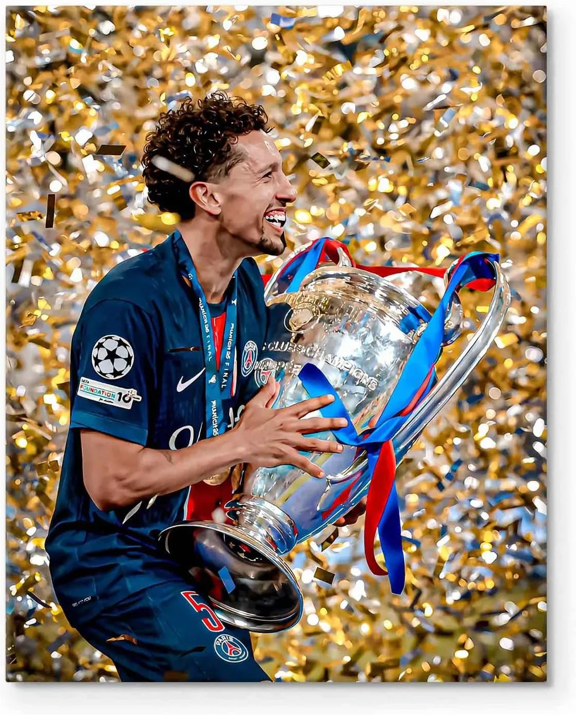 B.B.F MAKE 2025 UEFA Champions League Canvas Wall Art, Marquinhos Clutches Trophy in Gold Confetti Storm Poster Paris Saint-Germain Victory Print Soccer Sports Bar Home Wall Decor, Framed 8x10inch