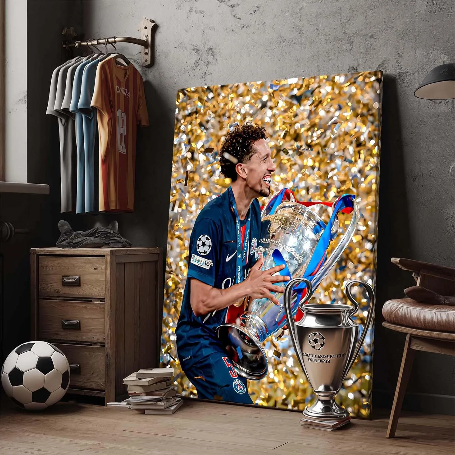 B.B.F MAKE 2025 UEFA Champions League Canvas Wall Art, Marquinhos Clutches Trophy in Gold Confetti Storm Poster Paris Saint-Germain Victory Print Soccer Sports Bar Home Wall Decor, Framed 8x10inch