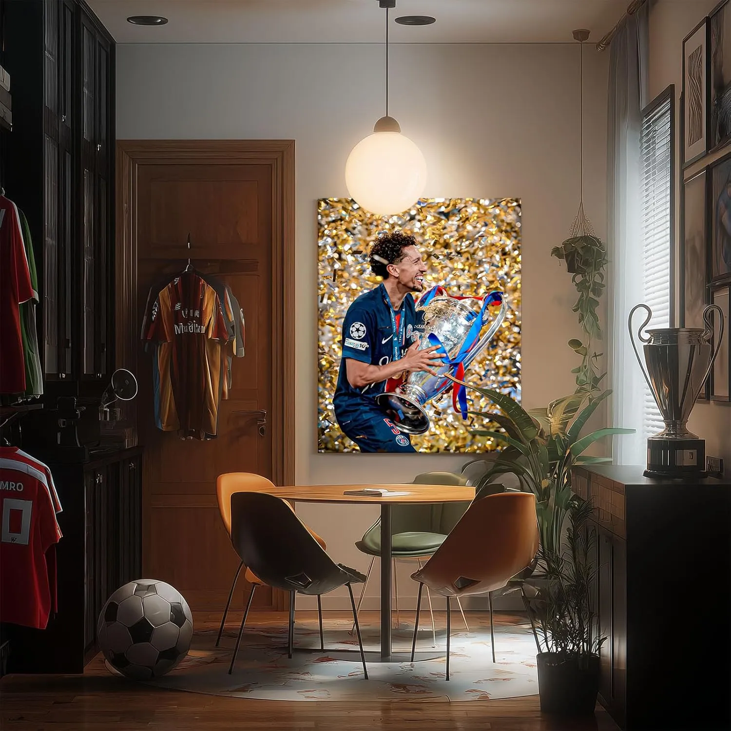 B.B.F MAKE 2025 UEFA Champions League Canvas Wall Art, Marquinhos Clutches Trophy in Gold Confetti Storm Poster Paris Saint-Germain Victory Print Soccer Sports Bar Home Wall Decor, Framed 8x10inch