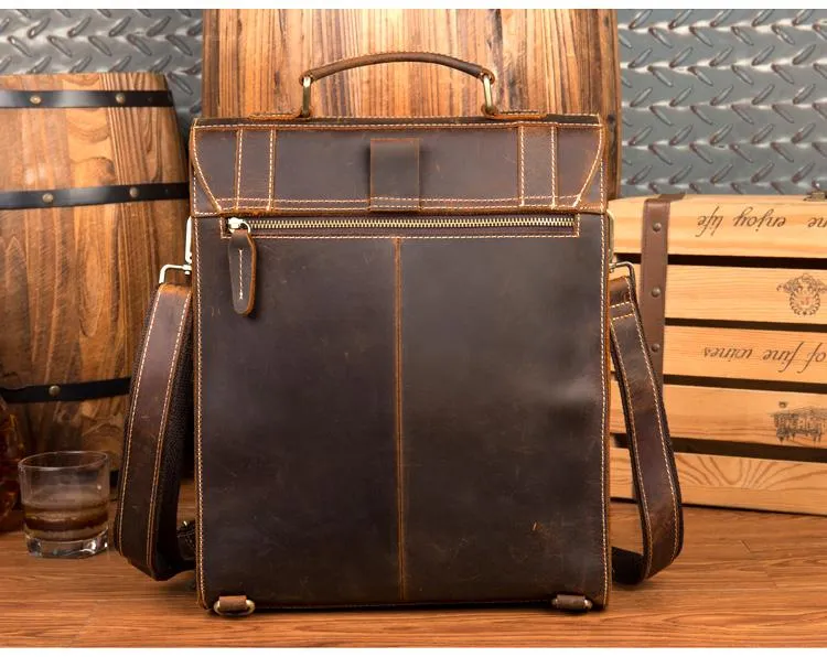 Casual Brown Leather Mens 14 inches School Backpacks Shoulder Briefcase Computer Backpack for Men