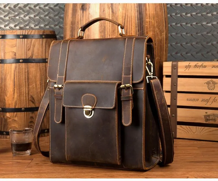 Casual Brown Leather Mens 14 inches School Backpacks Shoulder Briefcase Computer Backpack for Men