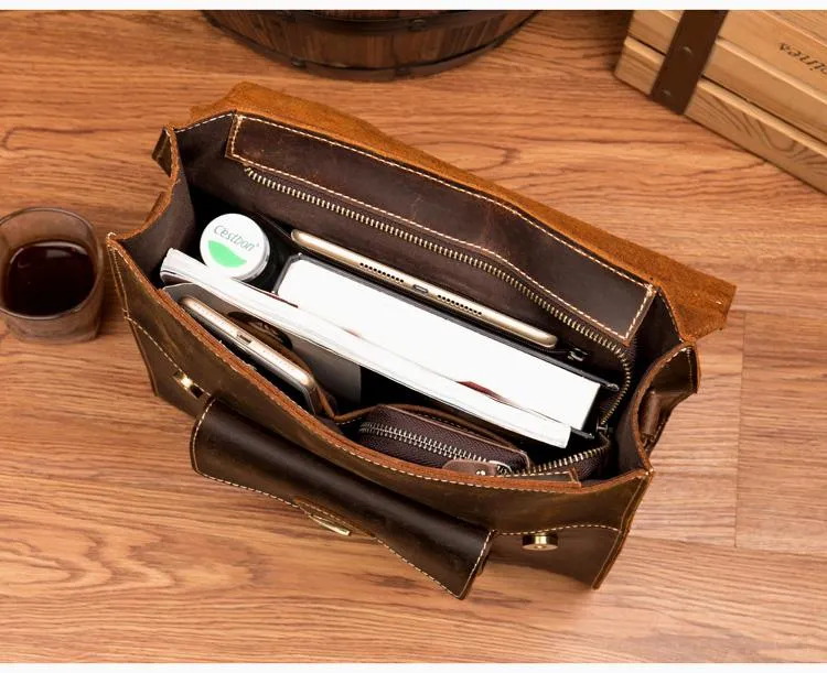 Casual Brown Leather Mens 14 inches School Backpacks Shoulder Briefcase Computer Backpack for Men