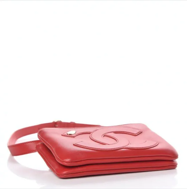 Chanel Bum Red Lambskin Fanny Pack Waist Belt Orange Caviar Leather Cross Body Bag