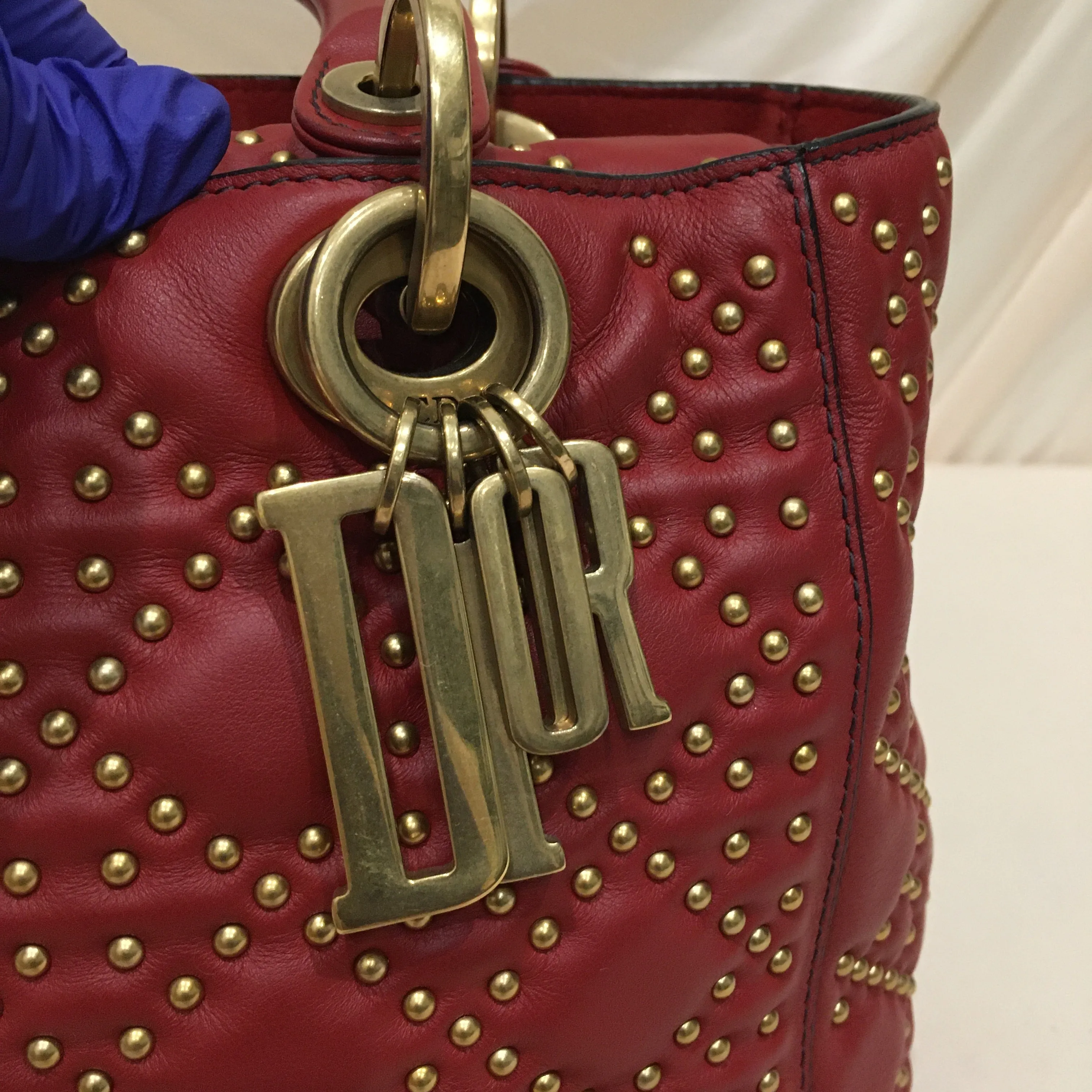 CHRISTIAN DIOR Dior Red Leather Stud Medium Lady Dior Tote Bag Sku# 76303