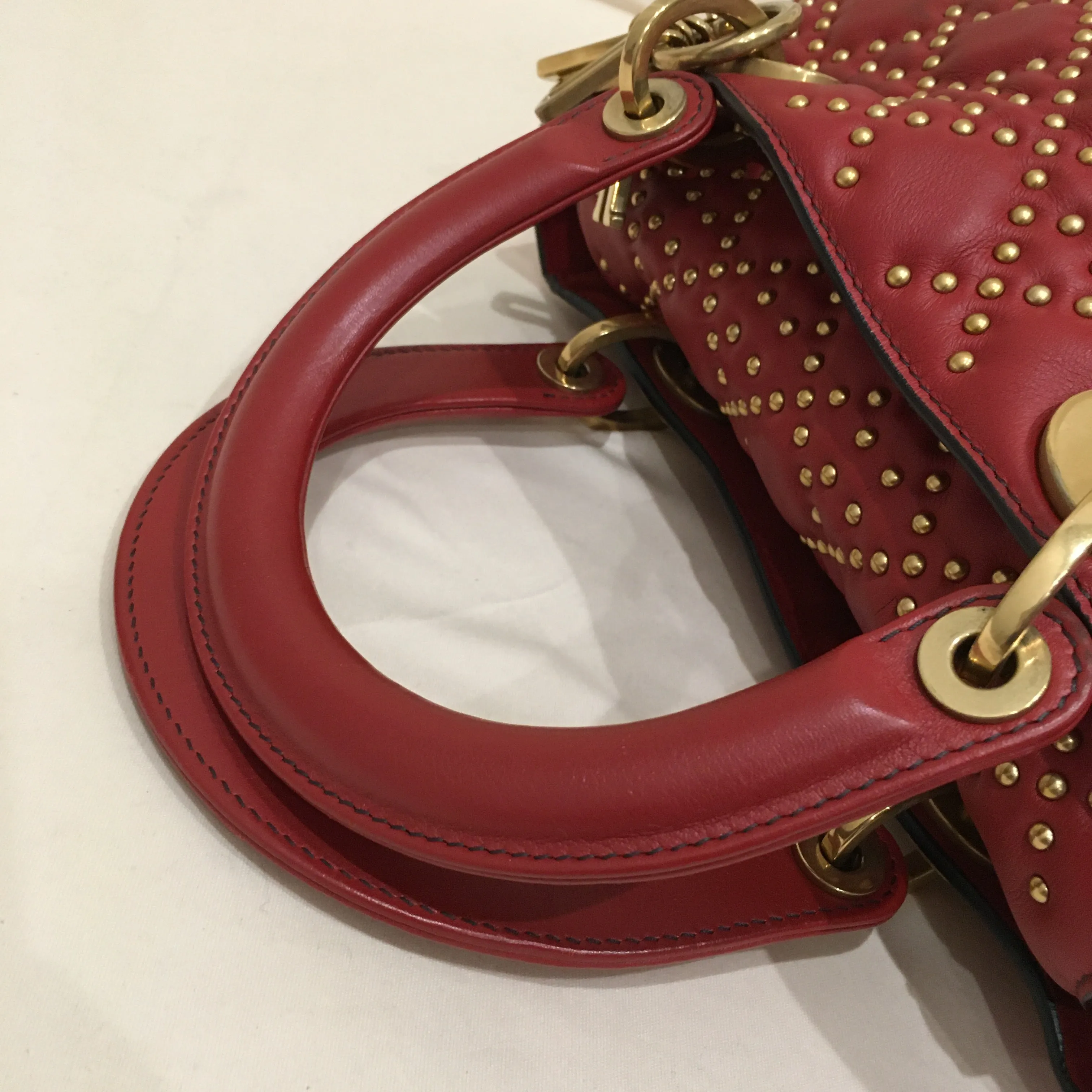 CHRISTIAN DIOR Dior Red Leather Stud Medium Lady Dior Tote Bag Sku# 76303
