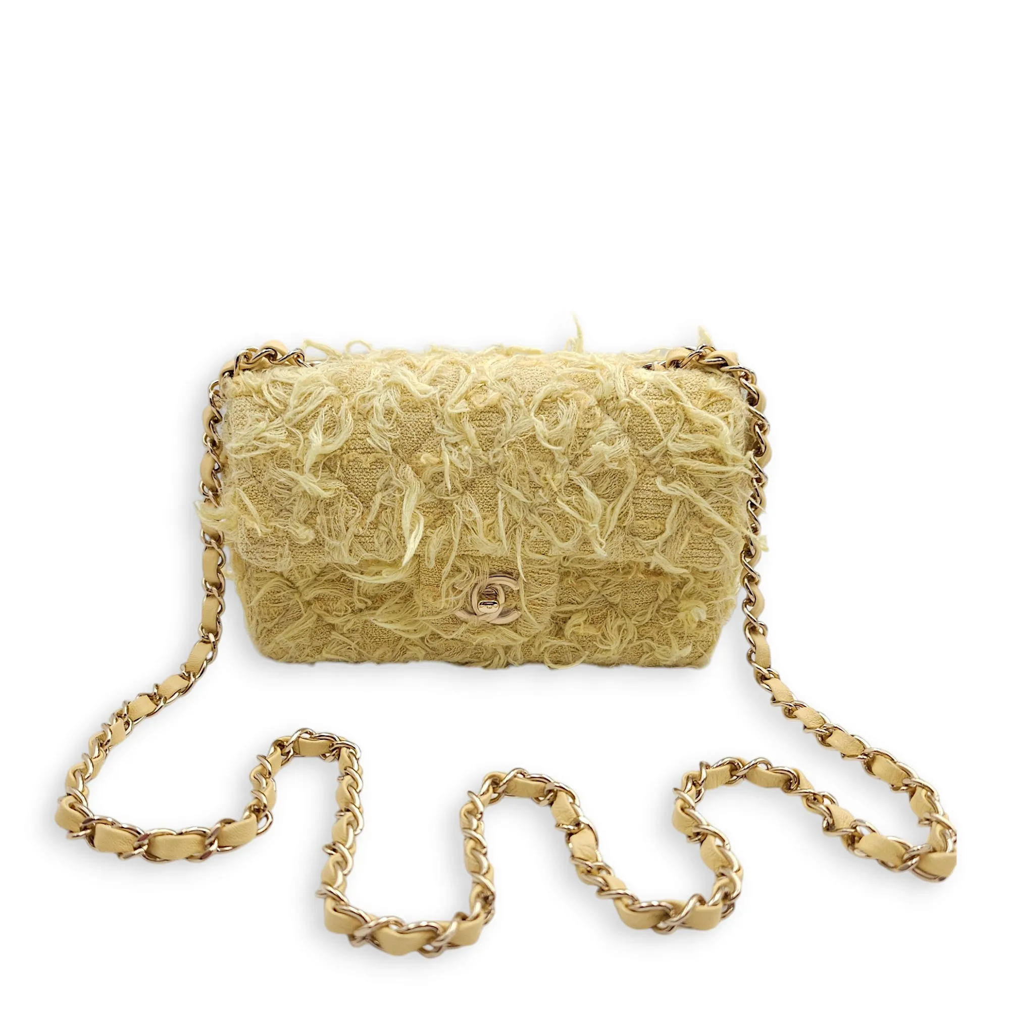 Classic Rectangle Flap Mini Yellow Crossbody Bag in Tweed/Lambskin, Light Gold hardware
