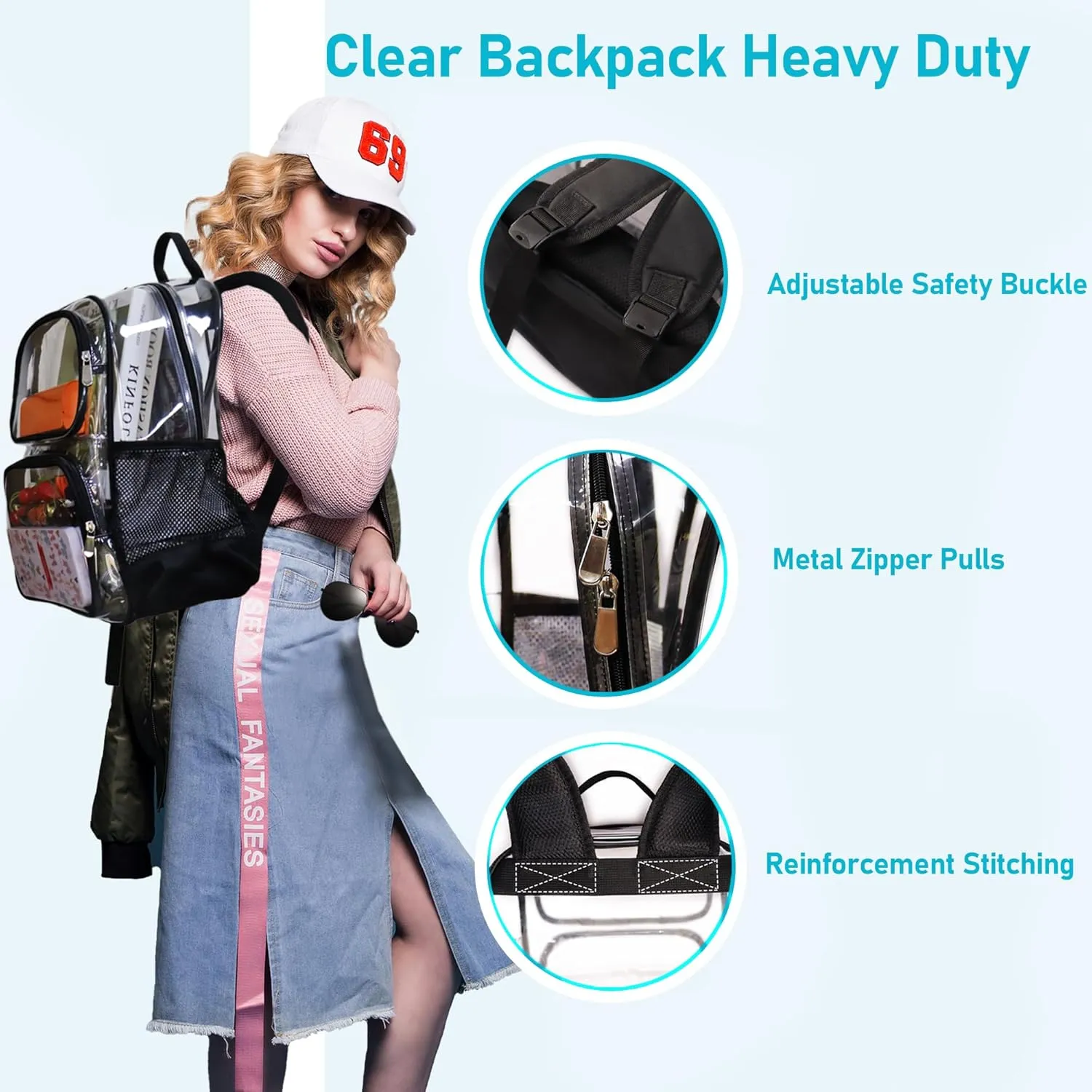 Clear Backpack Heavy Duty,17'' Transparent Bag See Through Backpack for College Work Travel Security,Purple