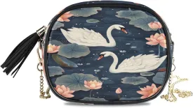 Crossbody Shoulder Bag Tassel Purse Pond Swans Lotus Flowers PU leather Small Handbag Fashion Evening Clutch with Chain