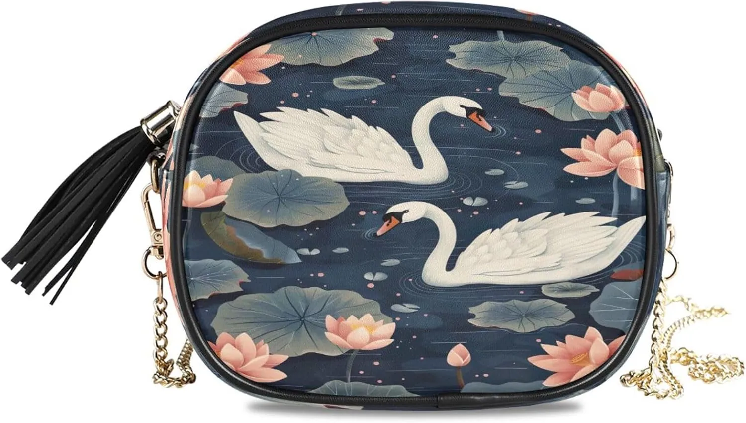 Crossbody Shoulder Bag Tassel Purse Pond Swans Lotus Flowers PU leather Small Handbag Fashion Evening Clutch with Chain
