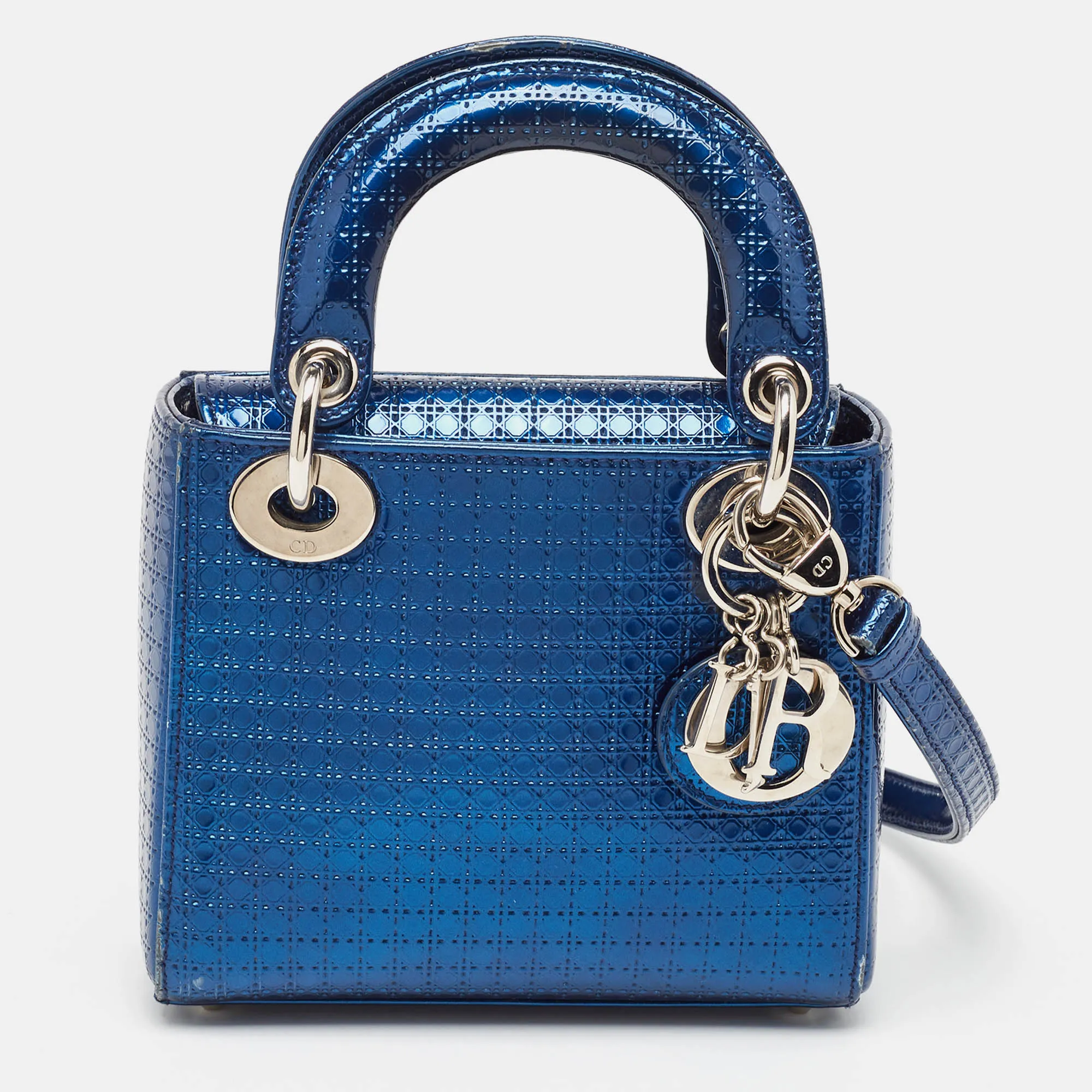 DIOR Metallic Blue Microcannage Patent Leather Mini Lady  Tote