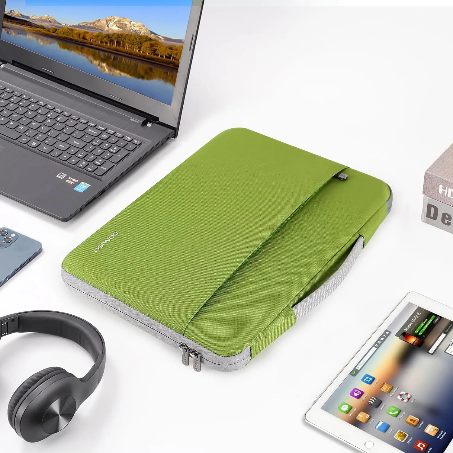DOMISO 15.6 Inch Laptop Sleeve Canvas Notebook Portable Carrying Bag Case Handbag for 15.6" Legion 5 Gen 6/16" ThinkPad T16/16 Swift 3/16" Yoga Slim 7 Pro/HP EliteBook,Tender Green