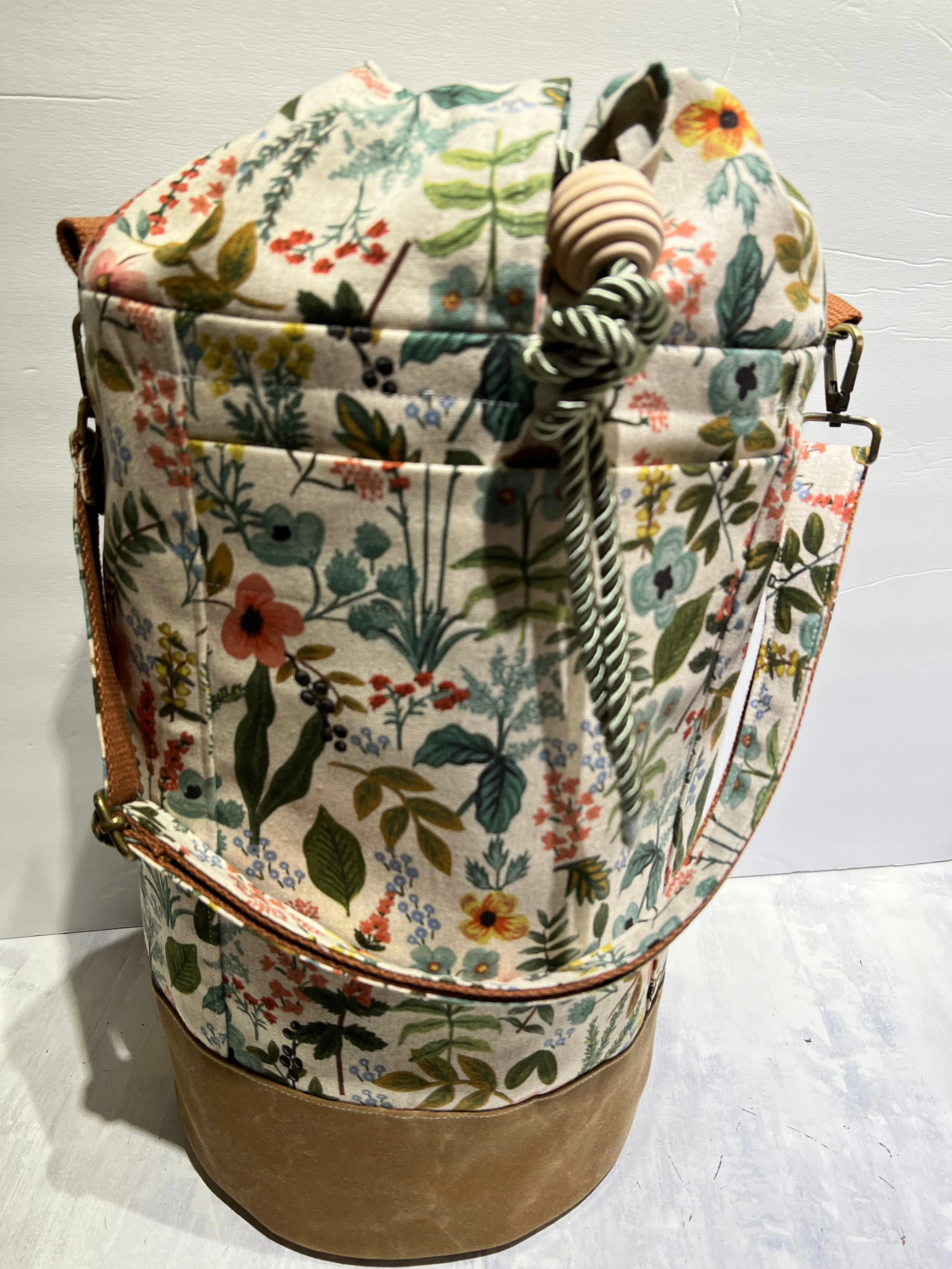 Everyday Tote, Round Project or Knitting Tote, Rifle Paper Co & Waxed Canvas, Herb Garden Natural