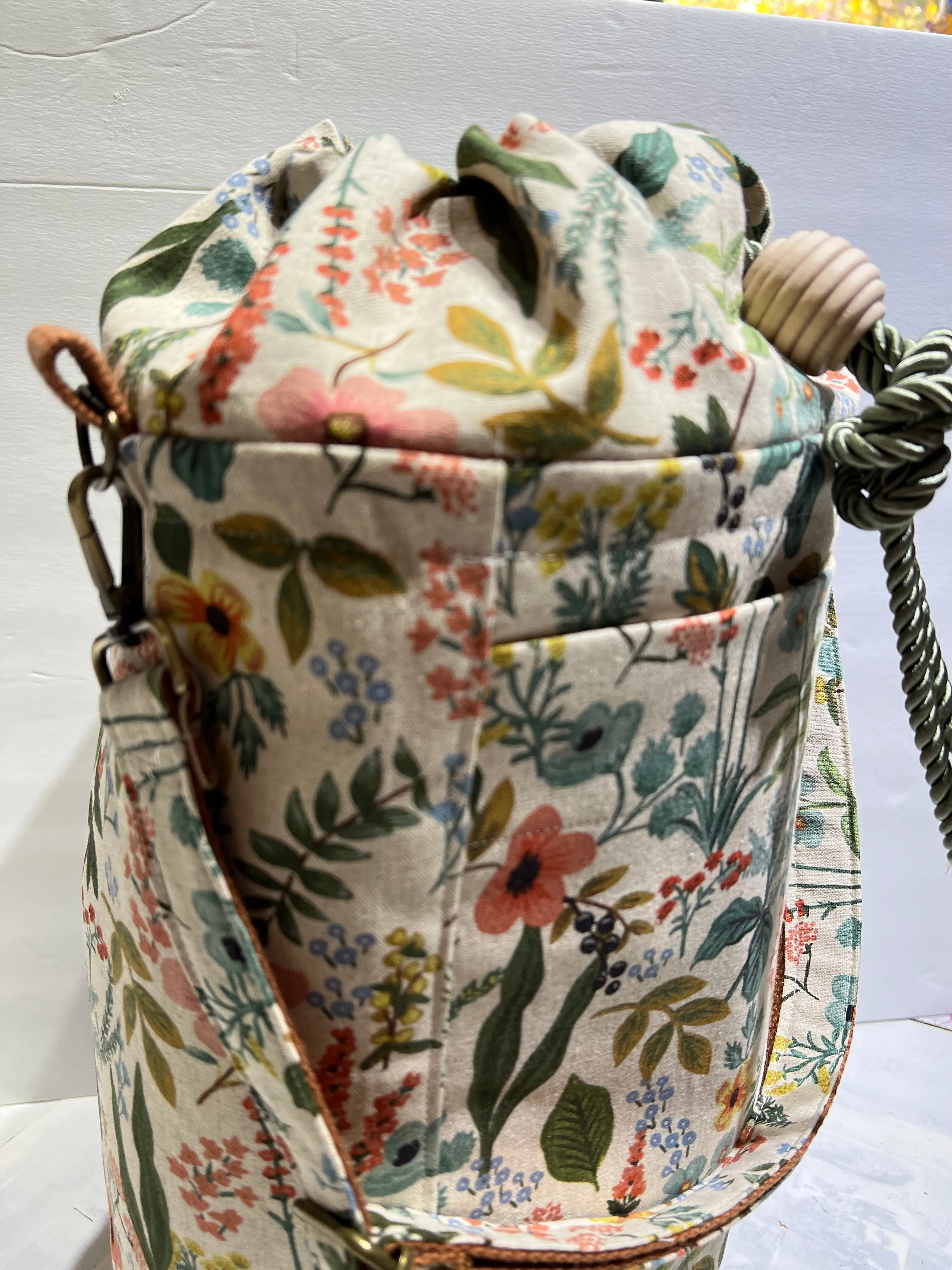 Everyday Tote, Round Project or Knitting Tote, Rifle Paper Co & Waxed Canvas, Herb Garden Natural