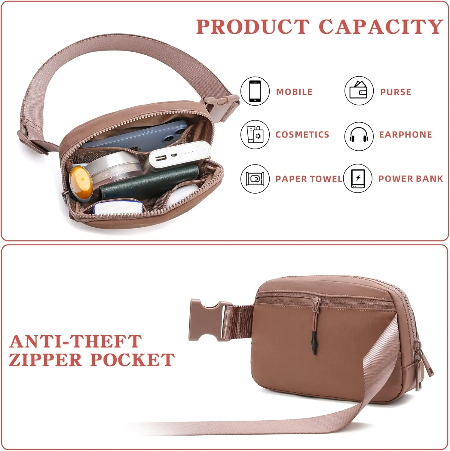 FODOKO Unisex Two-way Zipper Belt Bag