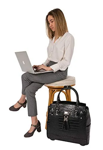 JKM and Company Timeless Black Alligator Crocodile Rolling Compatible with Computer iPad Tablet or Laptop Tote Carryall Bag (17" 17.3" inch)