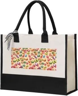 Macaron Biscuit Flavored print Canvas splicing present tote bag, beach handbag, grocery bag, travel work shopping bag