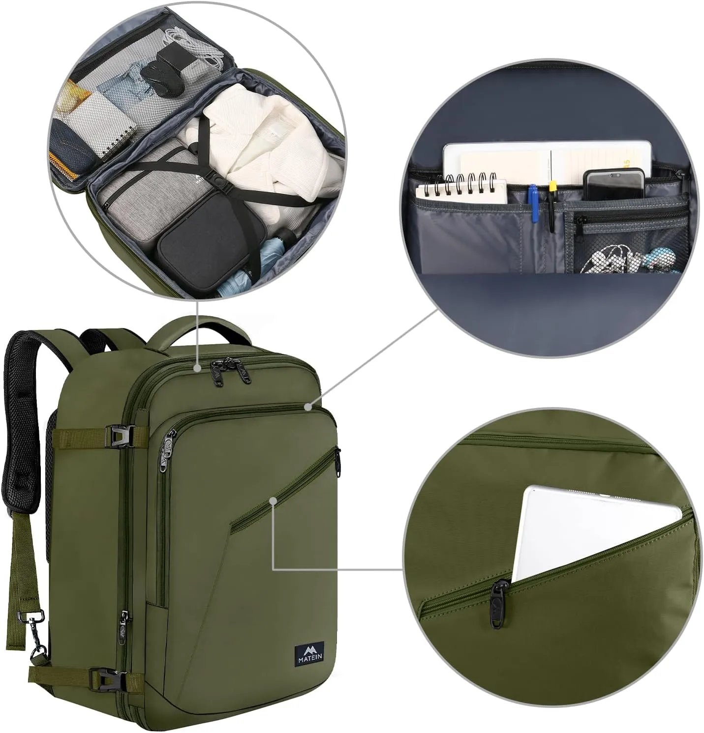 MATEIN Mens Backpack for Travel, Extra Large Expandable Carry on Backpack with Hideaway Shoulder Straps for Travelling, Water Resistant Heavy Duty Daypack, Gifts for Men Women, Dark Green