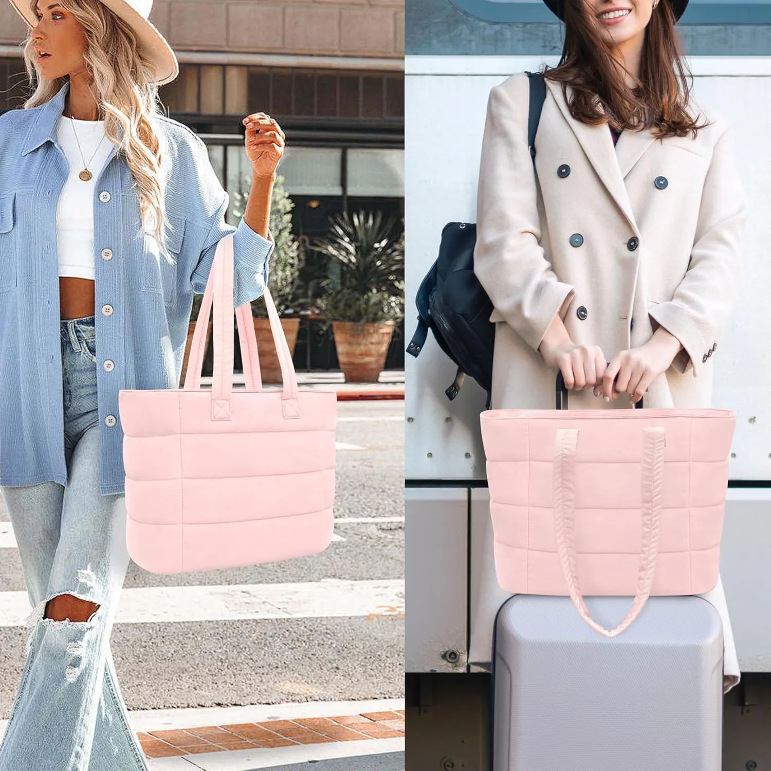 Puffer Bag for Women, Quilted travel Puffy Tote Bag fit for 15.6 inches laptop, nylon work Bag for nurse,College,teacher