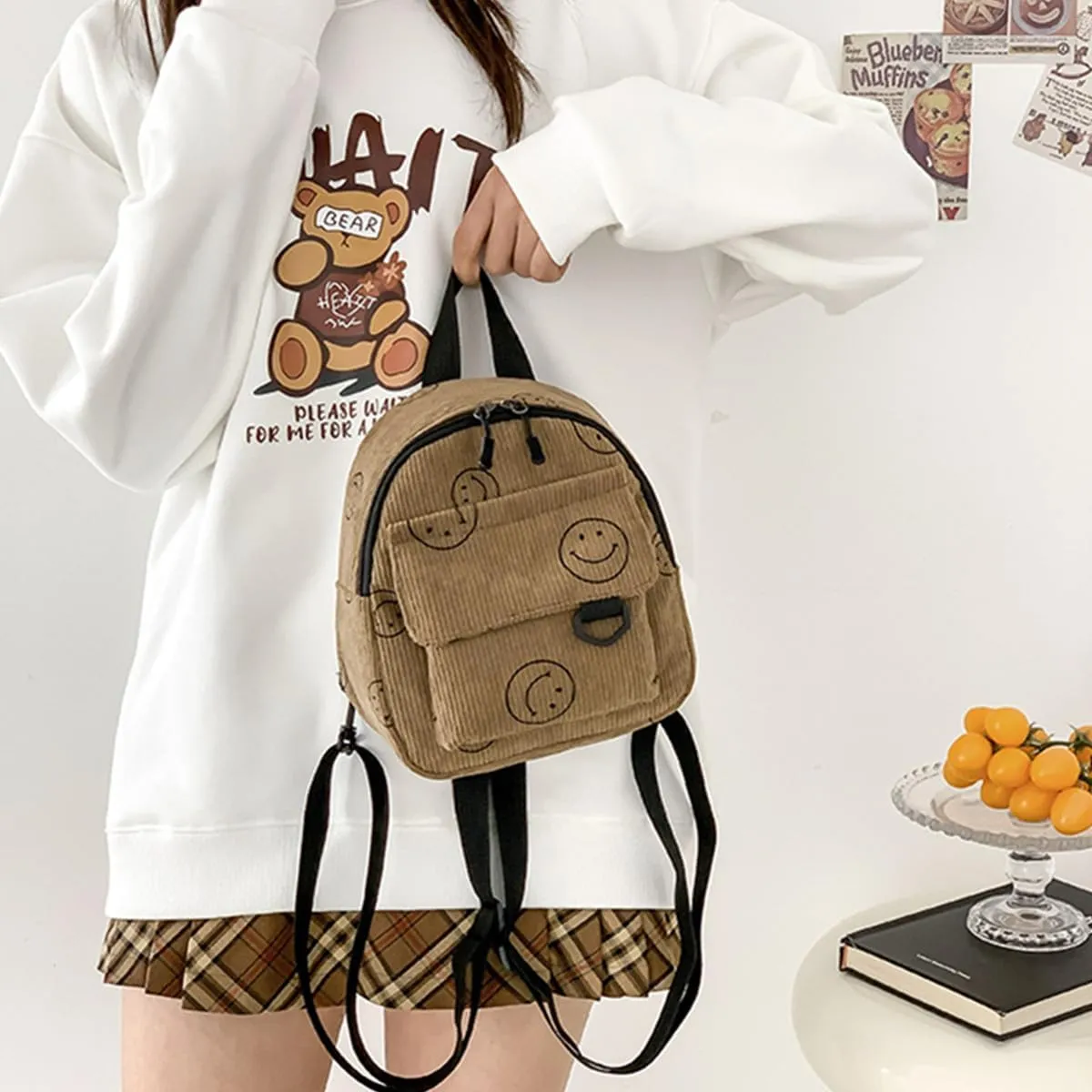 Small Backpack Purse Cute Mini Corduroy Bookbag Toddler Backpack School Bags for Women Girls Boys Teens Kids (brown)