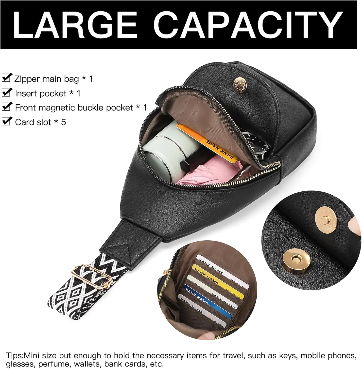 Small Sling Bag for Women Leather Crossbody Fanny Pack Chest Bag Purse with Guitar Strap