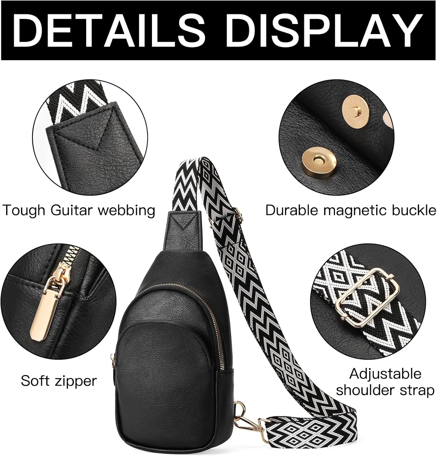 Small Sling Bag for Women Leather Crossbody Fanny Pack Chest Bag Purse with Guitar Strap