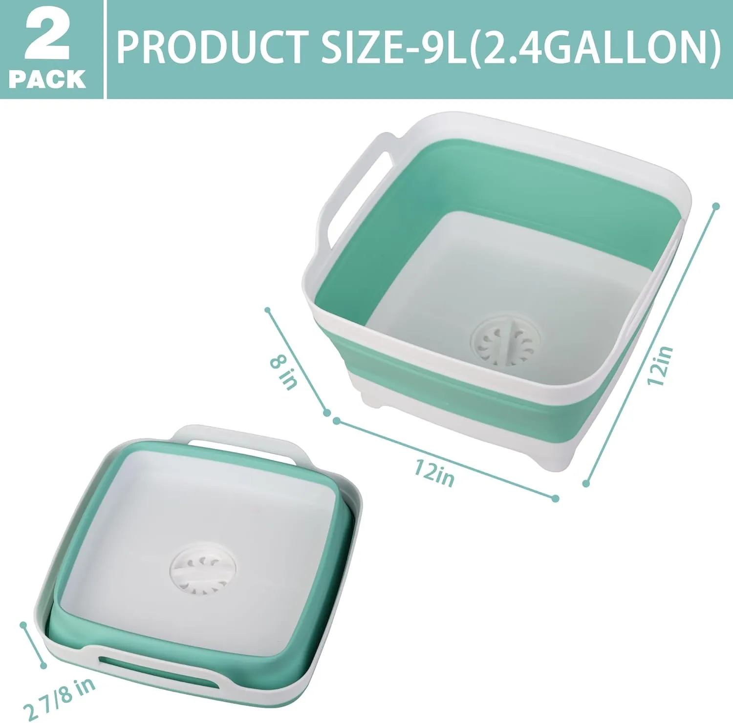Tiawudi 2 Pack Dishpan for Washing Dishes, Wash Basin with Draining Plug Carry Handles, Collapsible Bucket for Cleaning, Portable Sink, Foldable Plastic Tub, 2.4Gal/9L Each