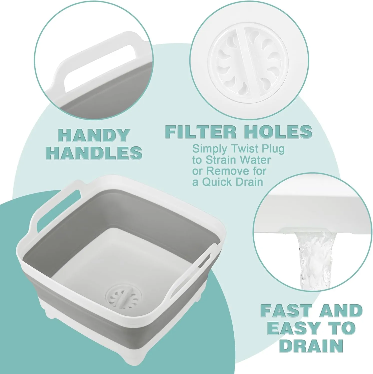 Tiawudi 2 Pack Dishpan for Washing Dishes, Wash Basin with Draining Plug Carry Handles, Collapsible Bucket for Cleaning, Portable Sink, Foldable Plastic Tub, 2.4Gal/9L Each
