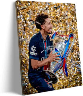 VYPEROCK 2025 UEFA Champions League Canvas Wall Art, Marquinhos Clutches Trophy in Gold Confetti Storm Poster Paris Saint-Germain Victory Print Soccer Sports Bar Home Wall Decor, Framed 8x10inch