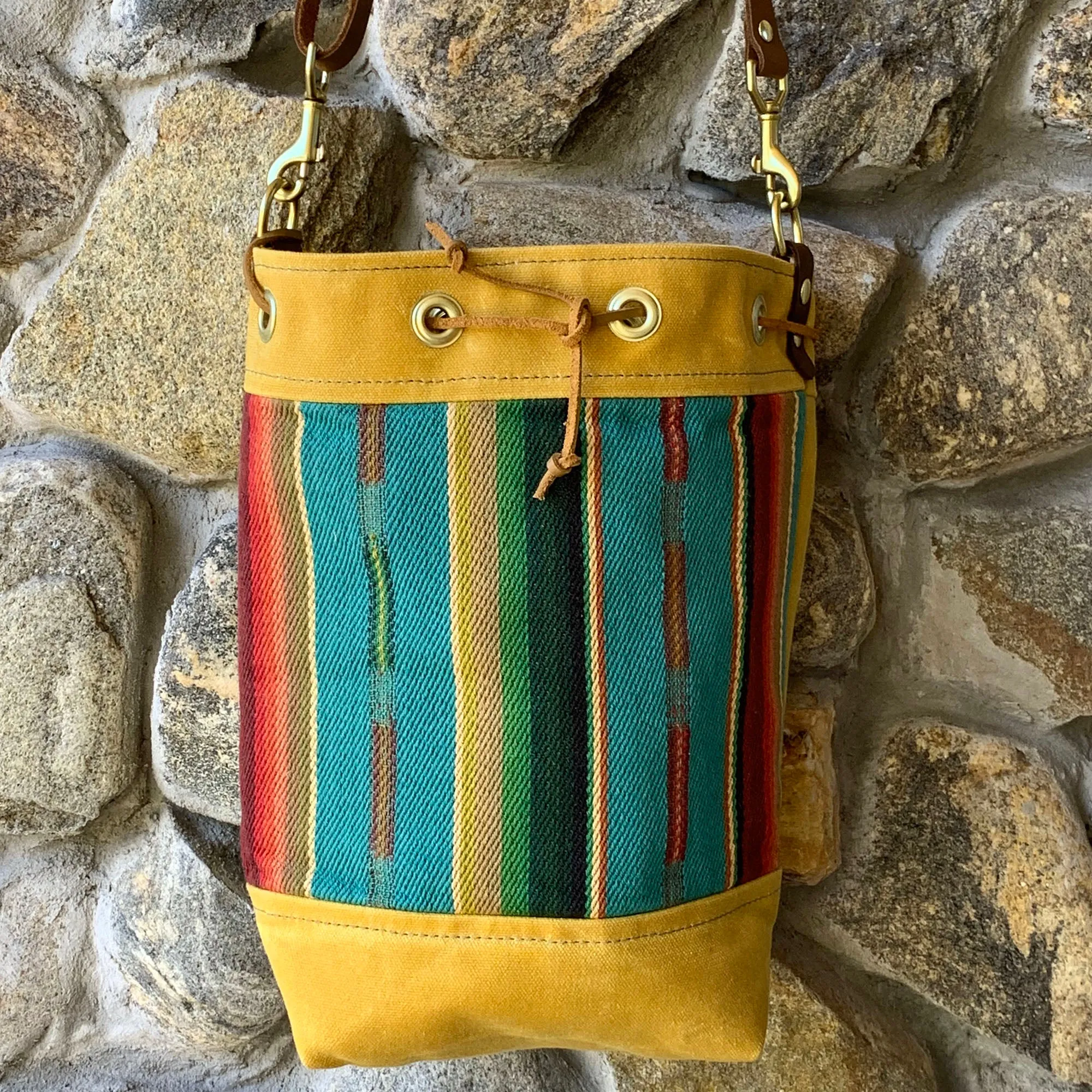 Wildwood Waxed Canvas Bucket Bag - Turquoise Strips