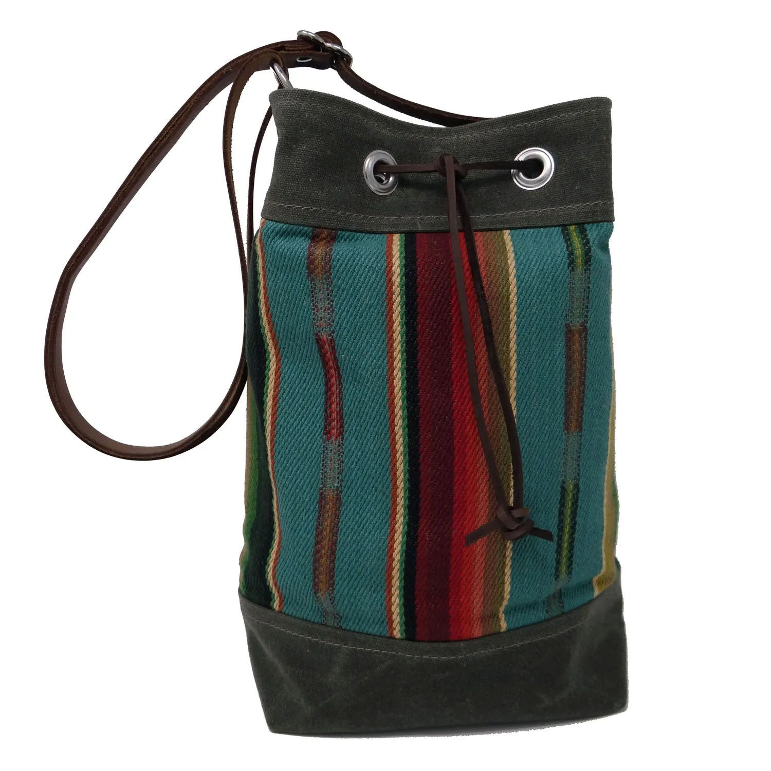 Wildwood Waxed Canvas Bucket Bag - Turquoise Strips