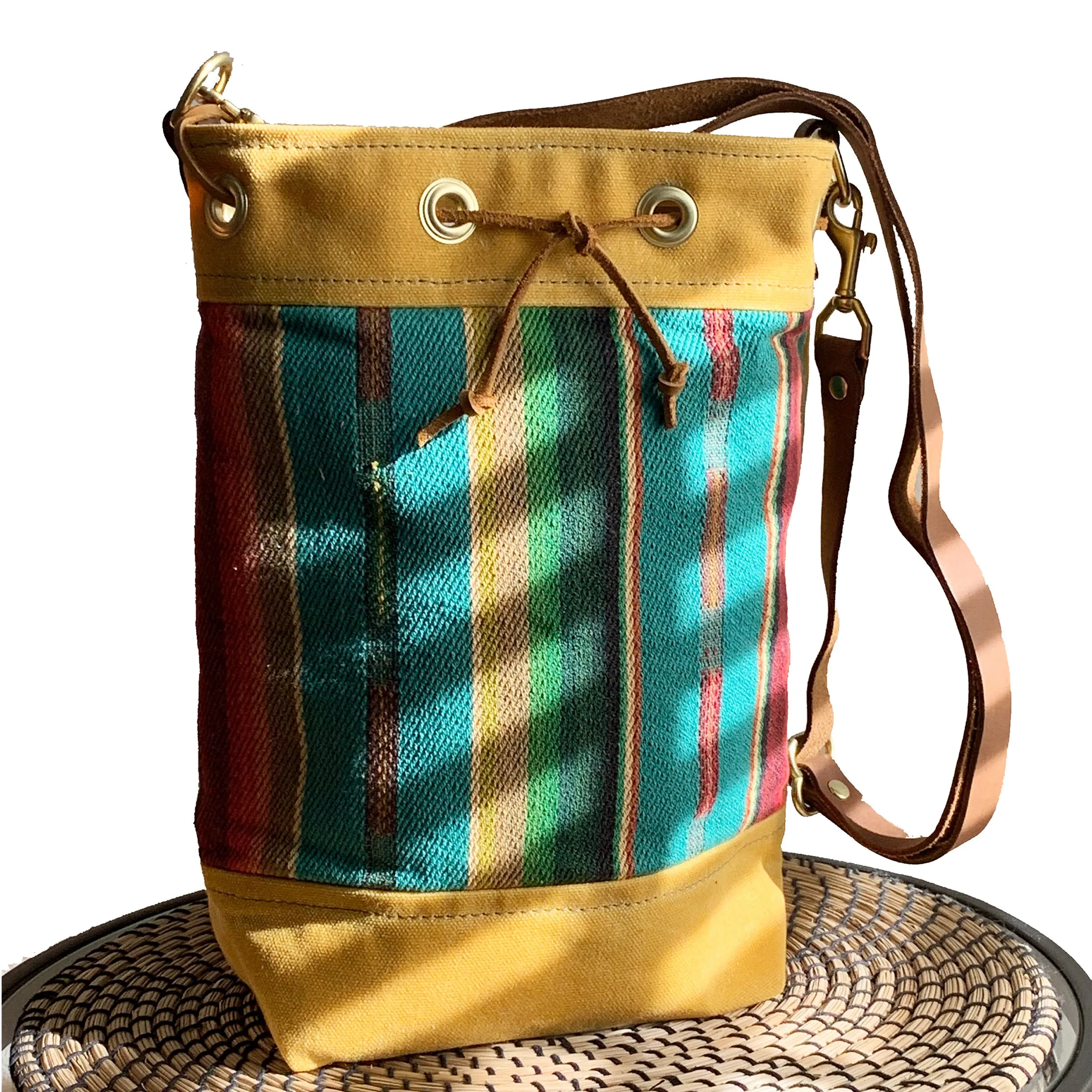 Wildwood Waxed Canvas Bucket Bag - Turquoise Strips