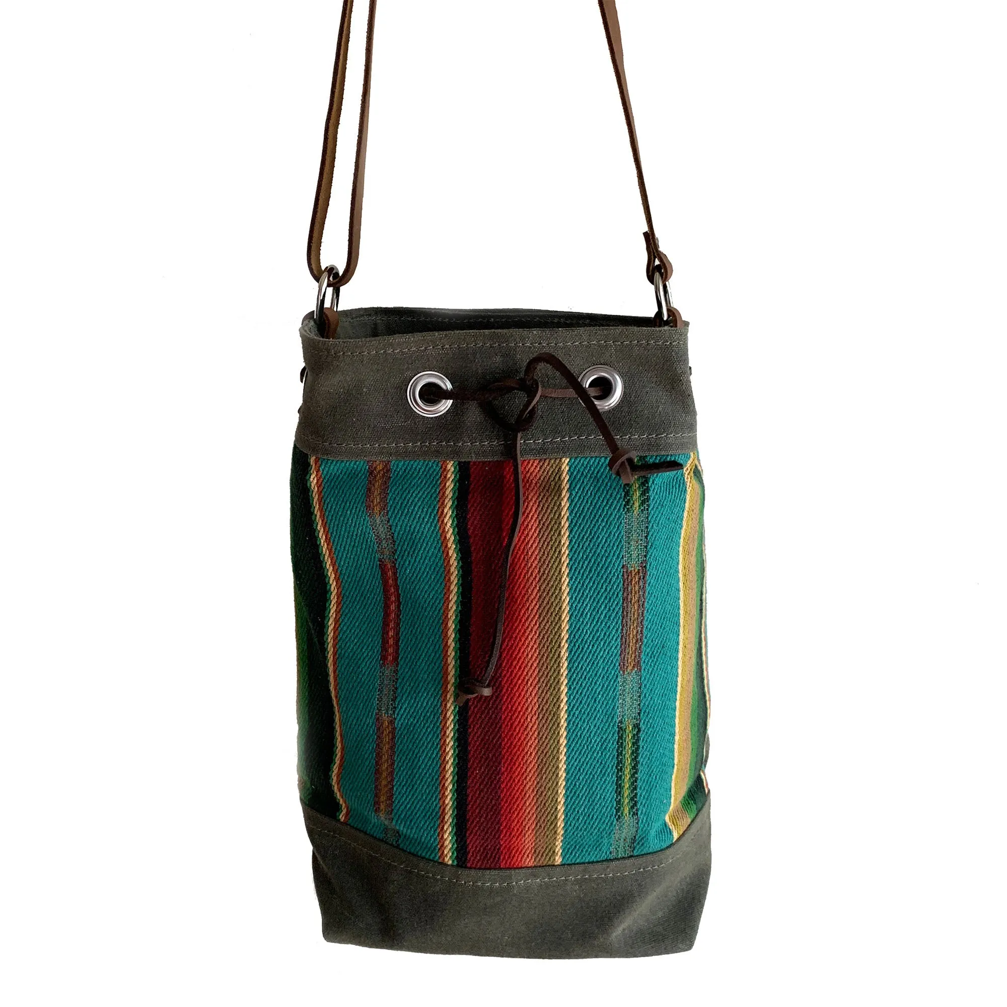 Wildwood Waxed Canvas Bucket Bag - Turquoise Strips