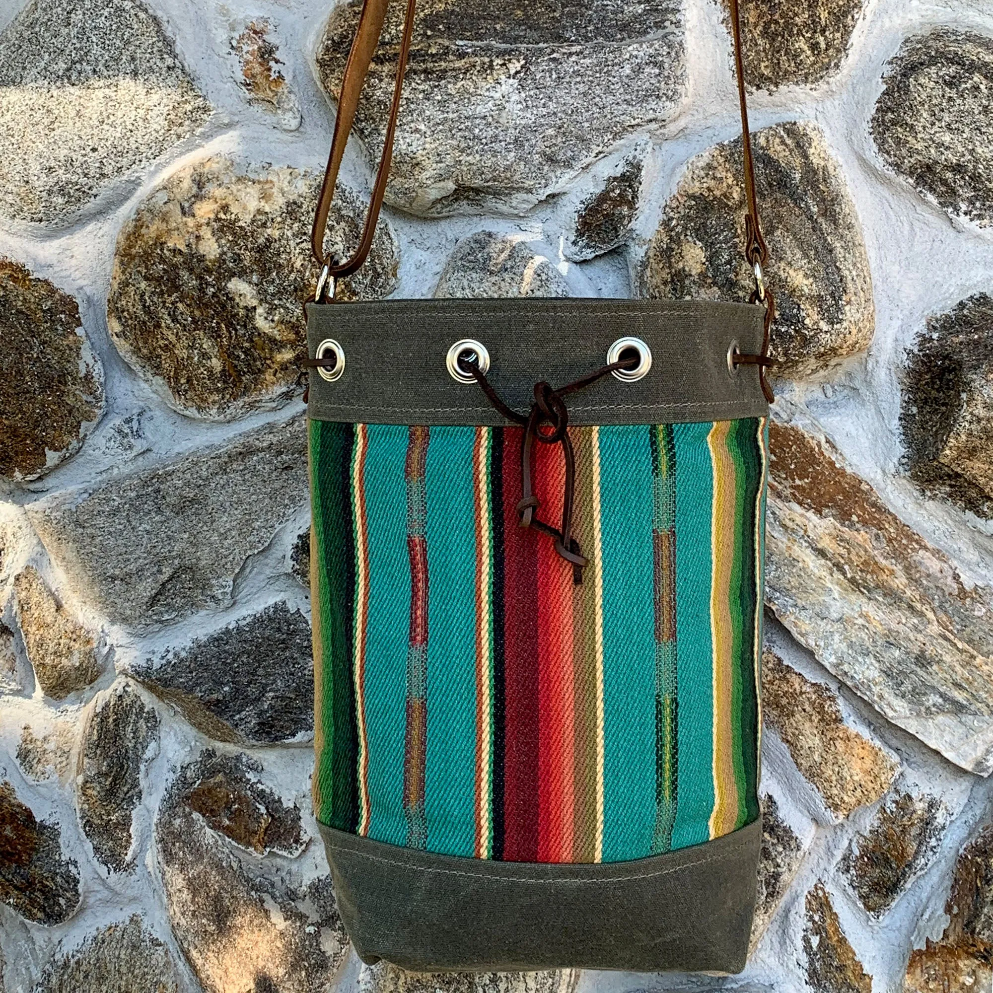 Wildwood Waxed Canvas Bucket Bag - Turquoise Strips
