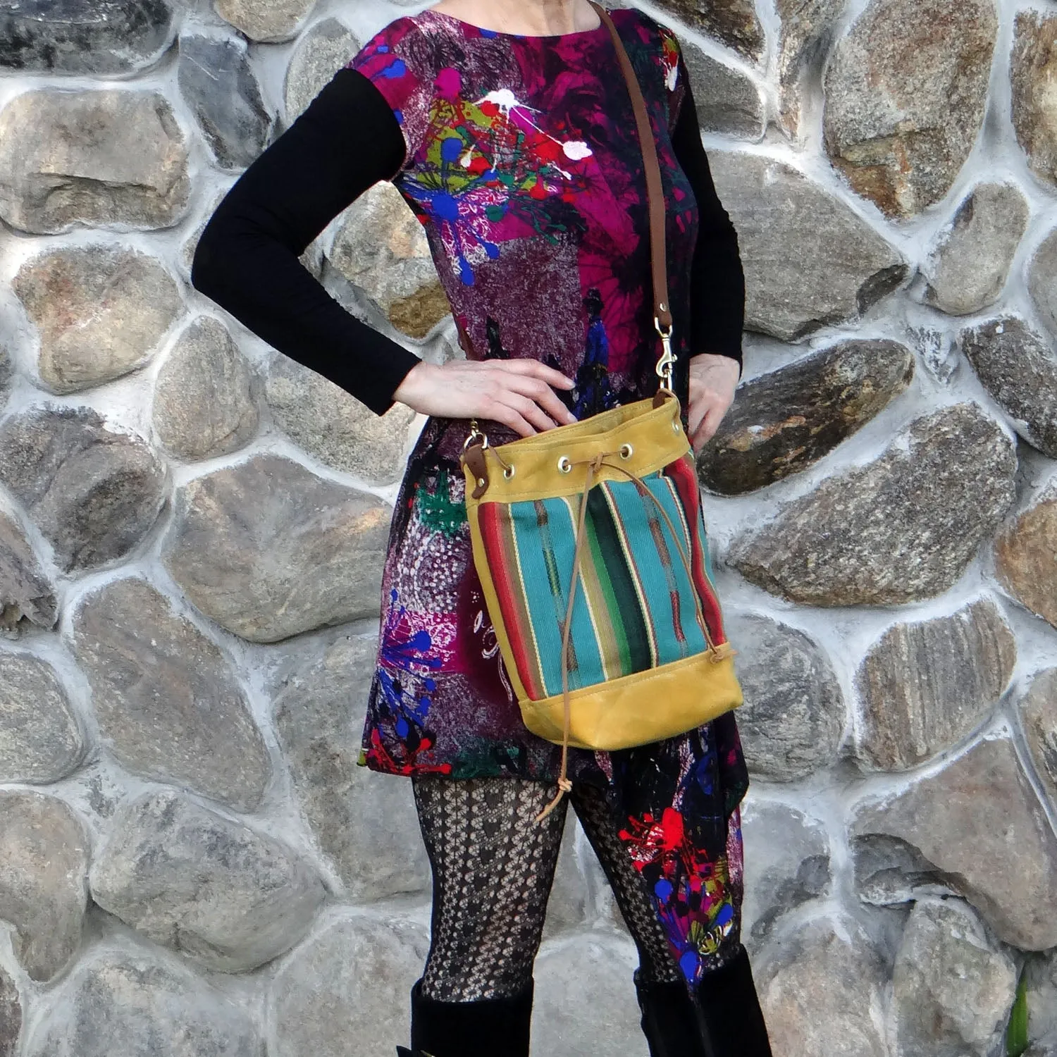 Wildwood Waxed Canvas Bucket Bag - Turquoise Strips
