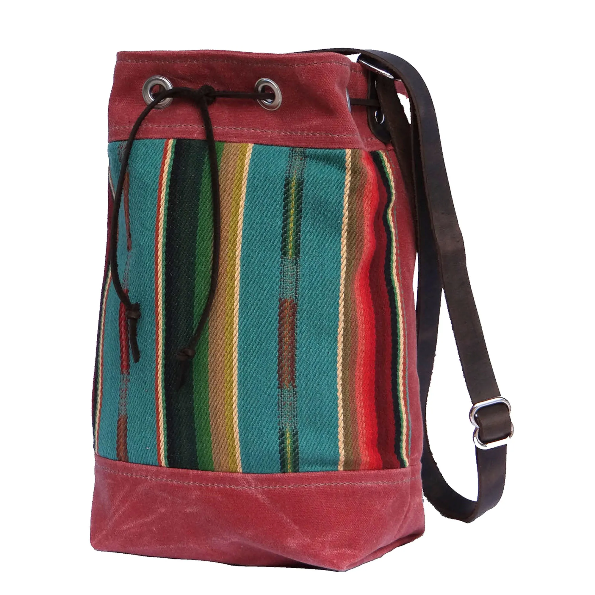 Wildwood Waxed Canvas Bucket Bag - Turquoise Strips