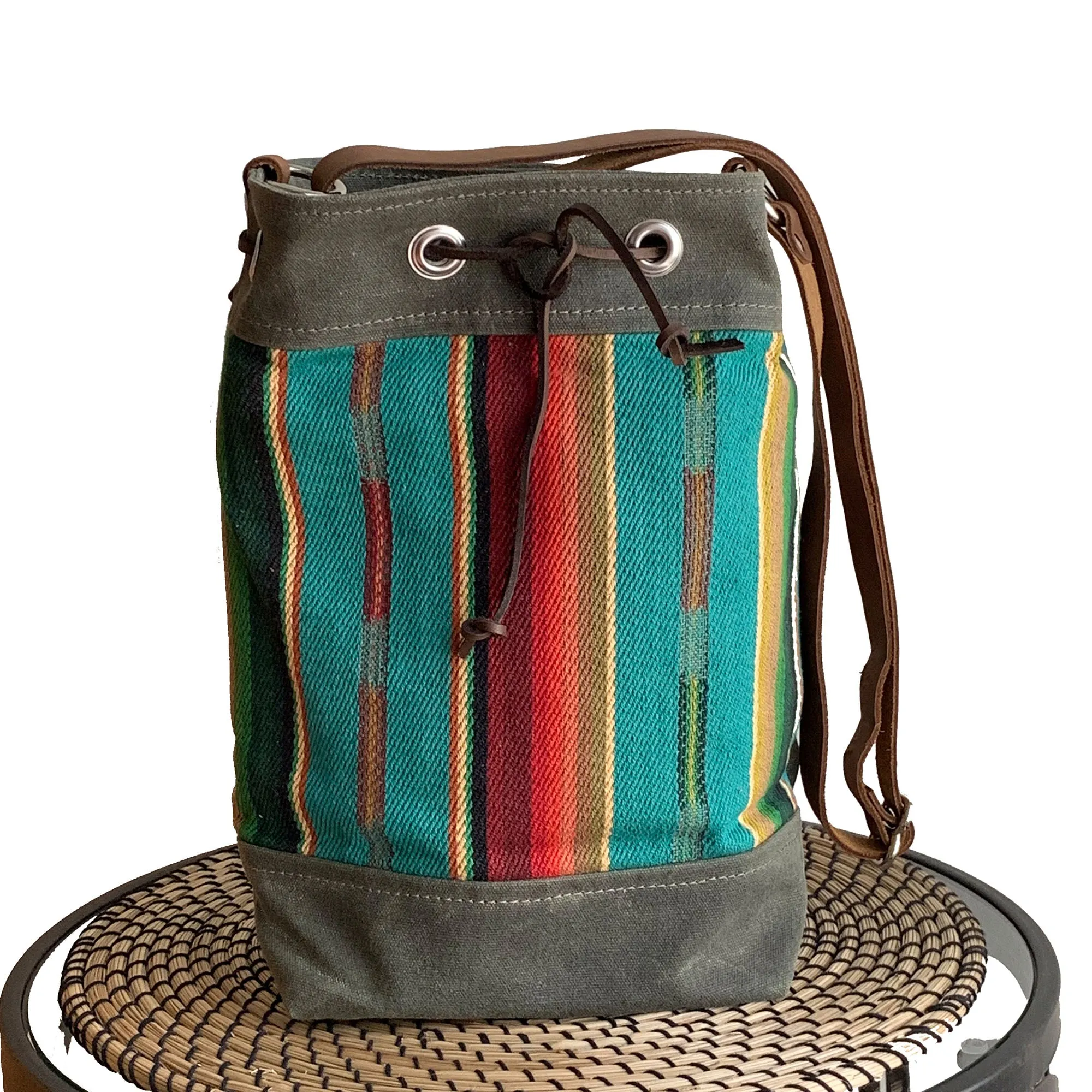 Wildwood Waxed Canvas Bucket Bag - Turquoise Strips