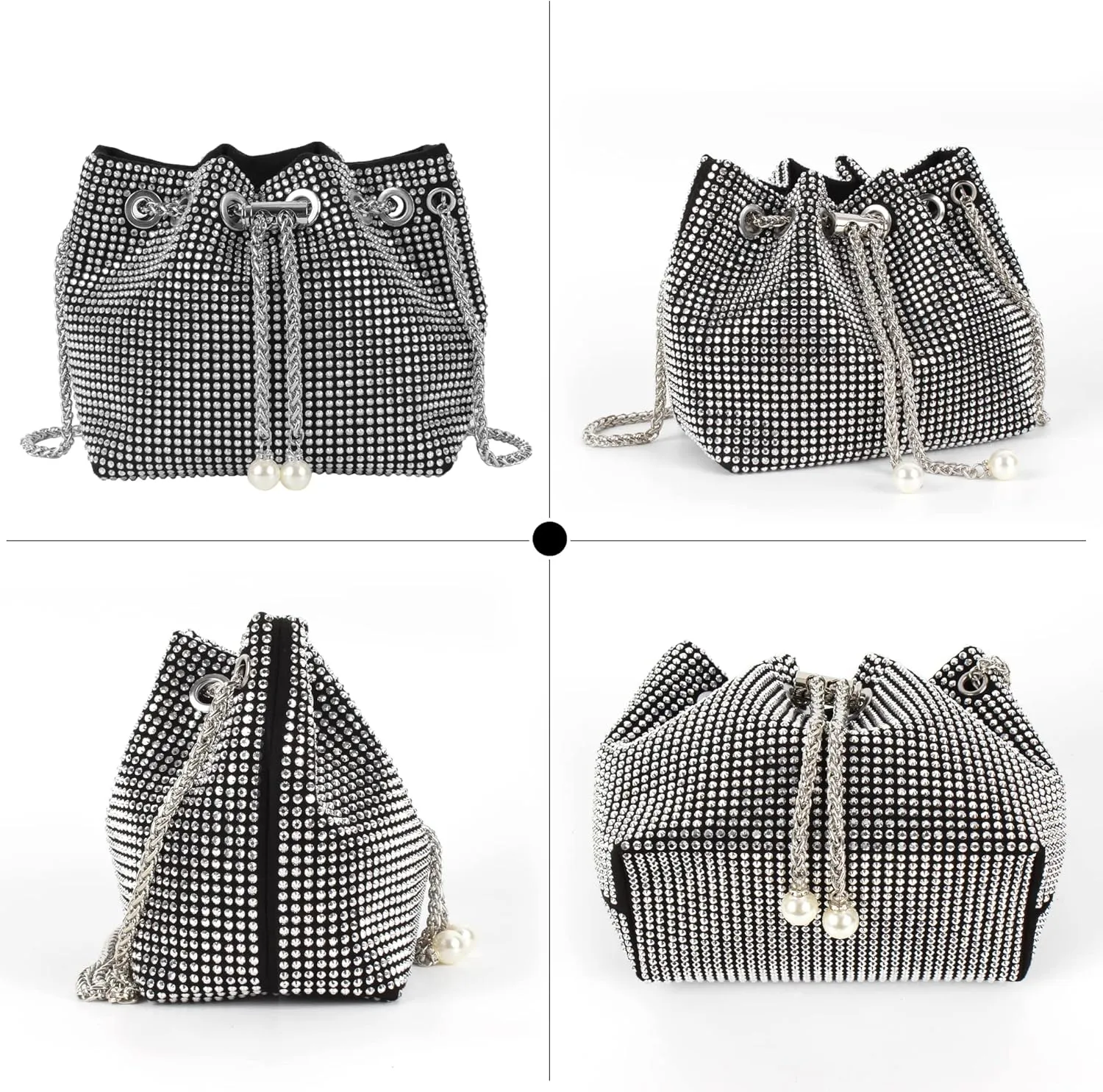 Women Rhinestones Crystal Clutch Drawstring Bucket Bag Mini Evening Bags Crossbody Purses Pearl Party Prom Wedding
