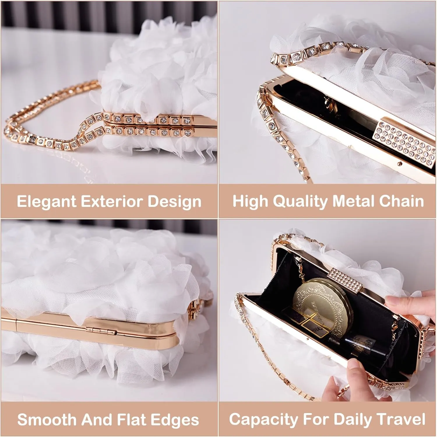 Women Rose Clutch, Evening Bag with Chain, Floral Purse for Wedding, Prom, Party