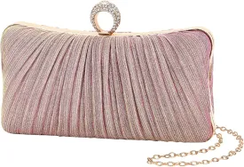 Womens Golden Glitter Clutch Purse Pleated Evening Bag for Bridal Wedding Party with Rhinestone Ring