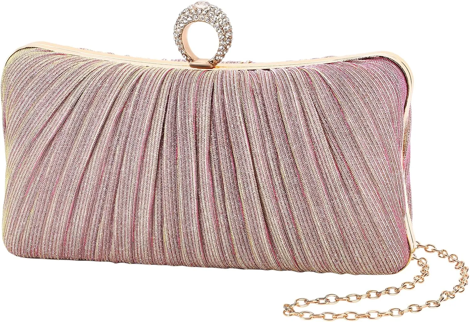 Womens Golden Glitter Clutch Purse Pleated Evening Bag for Bridal Wedding Party with Rhinestone Ring