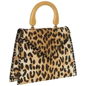 YVES SAINT LAURENT Leopard Animal Print Canvas Wooden Top Handle Bag, 1990s