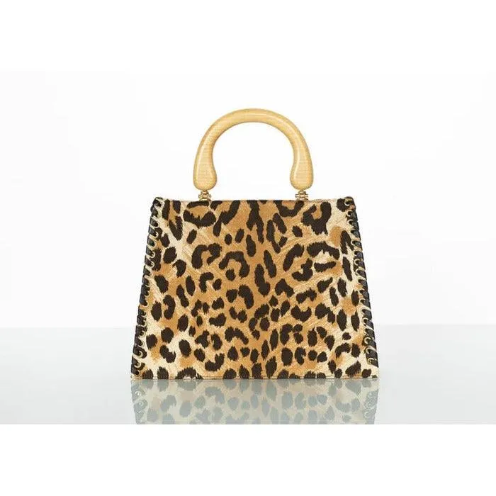 YVES SAINT LAURENT Leopard Animal Print Canvas Wooden Top Handle Bag, 1990s