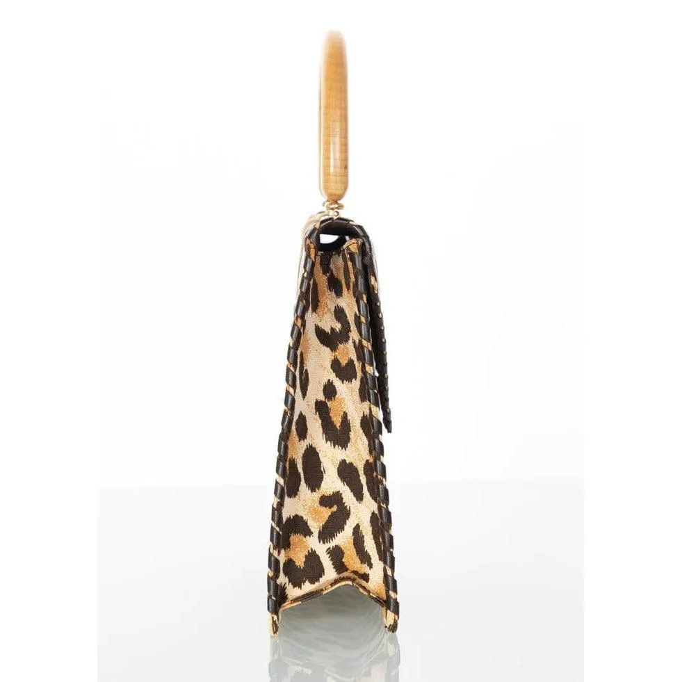 YVES SAINT LAURENT Leopard Animal Print Canvas Wooden Top Handle Bag, 1990s