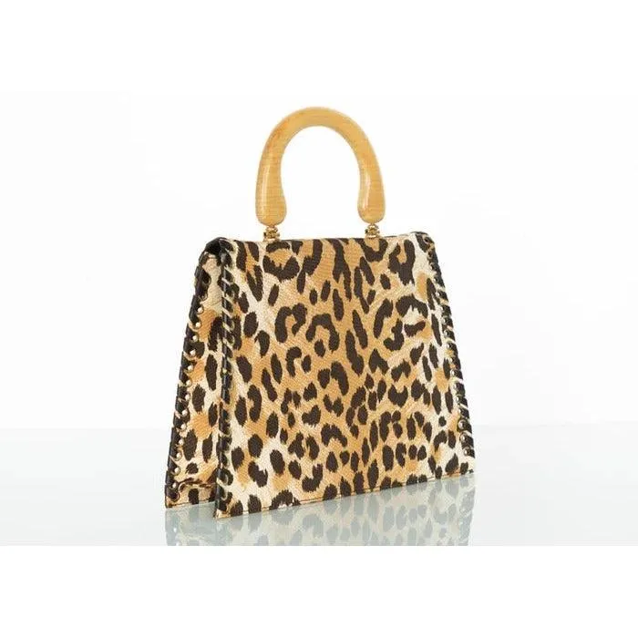 YVES SAINT LAURENT Leopard Animal Print Canvas Wooden Top Handle Bag, 1990s