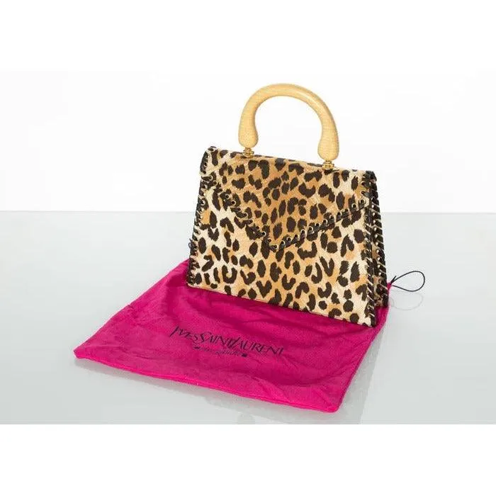 YVES SAINT LAURENT Leopard Animal Print Canvas Wooden Top Handle Bag, 1990s